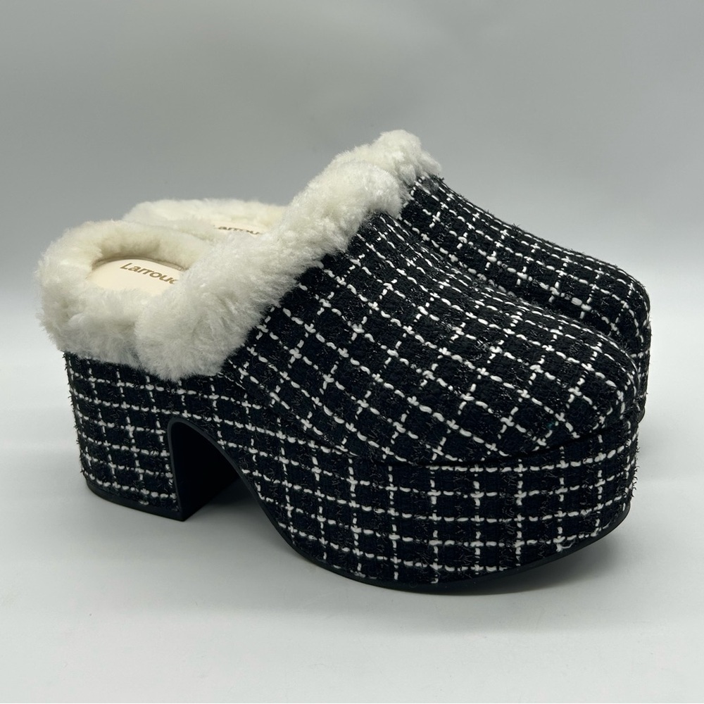 Larroudé Miso Clog Tweed Black Platform Shearling Lined Heels Size 9.5 NWB - Picture 4 of 14